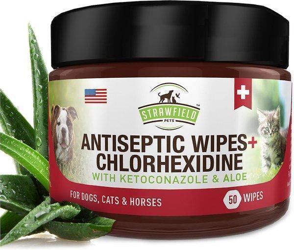 Strawfield Pets Antiseptic + Chlorhexidine Wipes for Dogs, Cats & Horses, 8-oz jar -New in Box